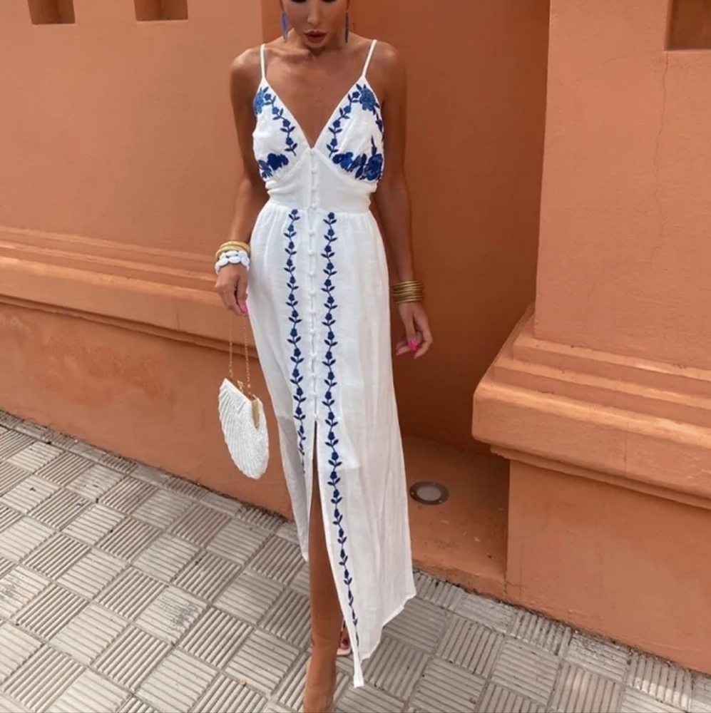 Holiday Chic Embroidery Backless Sling Midi Dress Single-breasted V-neck - Picture 1 of 8